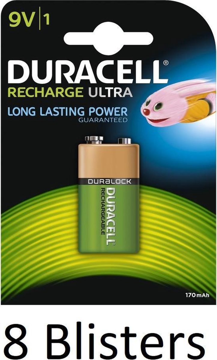 8 Blisters (8 Blisters a 1 st) Duracell 9V Oplaadbare Batterij - 170 mAh