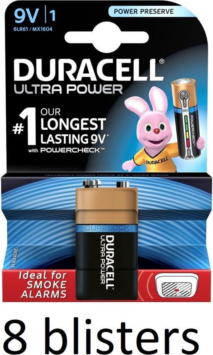 8 Stuk (8 Blisters a 1 st) Duracell Alkaline Ultra Power 9V - 9 Volt