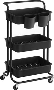 Nancy's Terrytown Keukentrolley - 3 Niveaus - Serveerwagen - Handvat - 2 Bakjes - Kunststof - Wit/Zwart - Staal - 41.6 x 33.5 x 86.3 cm