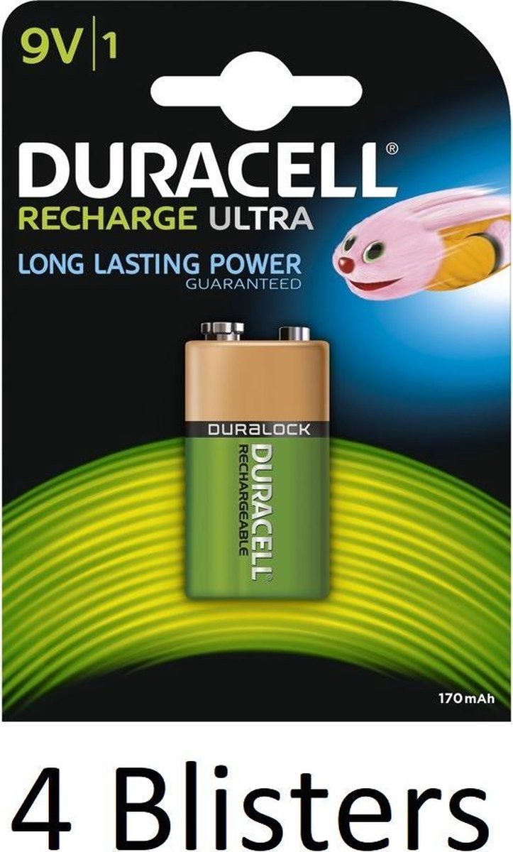 4 Blisters (4 Blisters a 1 st) Duracell 9V Oplaadbare Batterij - 170 mAh