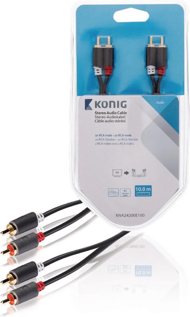 K\xf6nig KNA24200E100 Stereo audiokabel 2x RCA male - 2x male 10