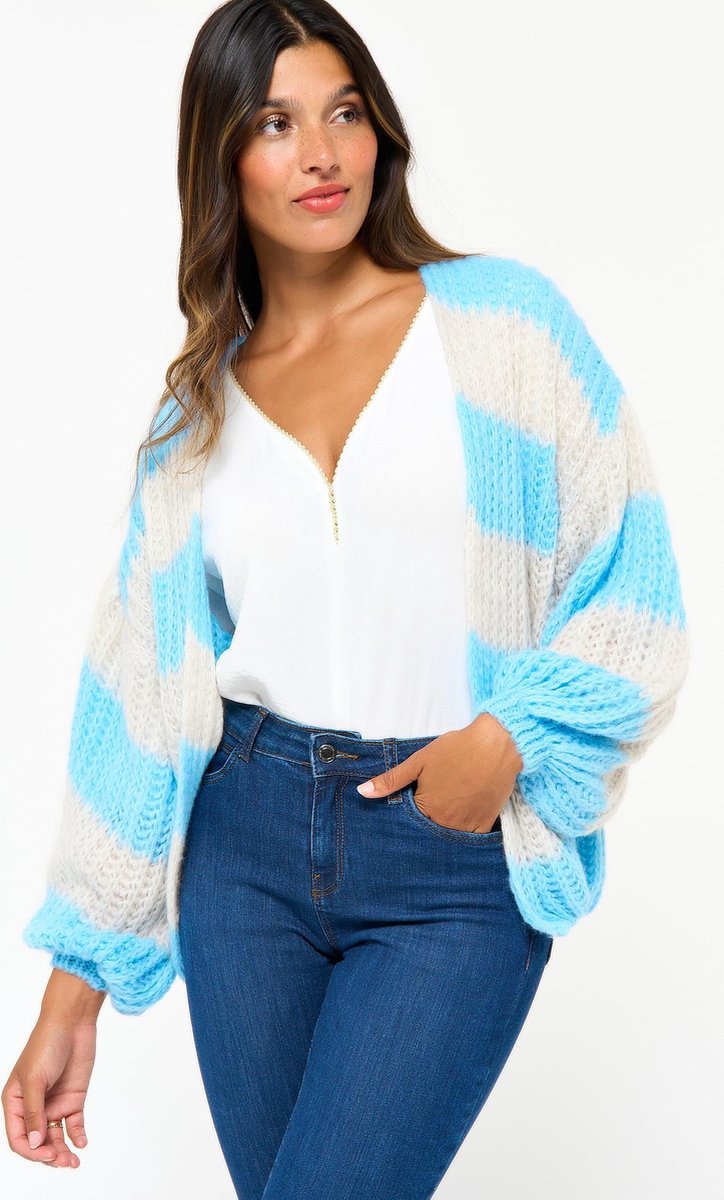 Gebreide open cardigan met strepen - Light Blauw