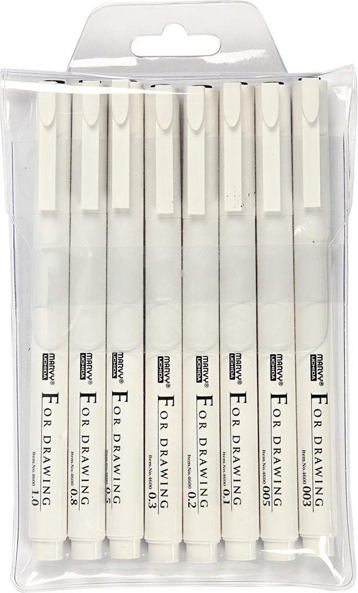 Fineliners. zwart. lijndikte 0.03+0.05+0.1+0.2+0.3+0.5+0.8+1.0 mm. 8 stuk/ 1 doos