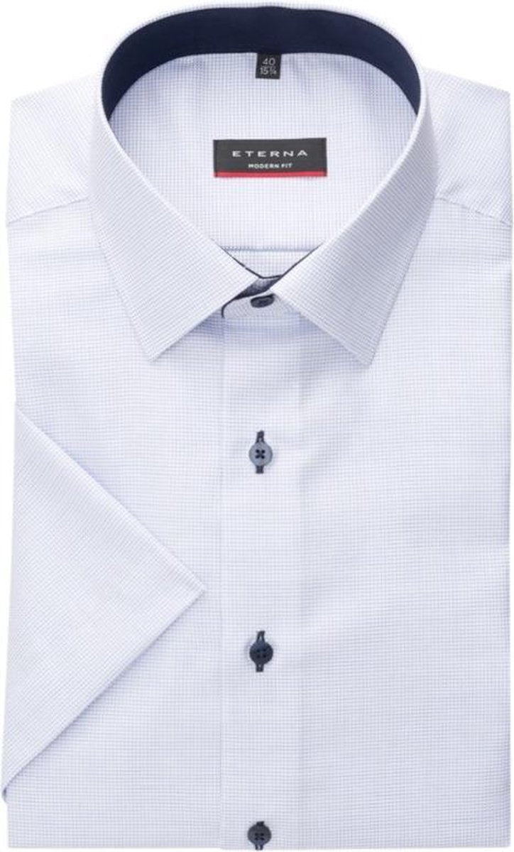 ETERNA modern fit overhemd - korte mouw - structuur heren overhemd - lichtblauw met wit (donkerblauw contrast) - Strijkvrij - Boordmaat: 48