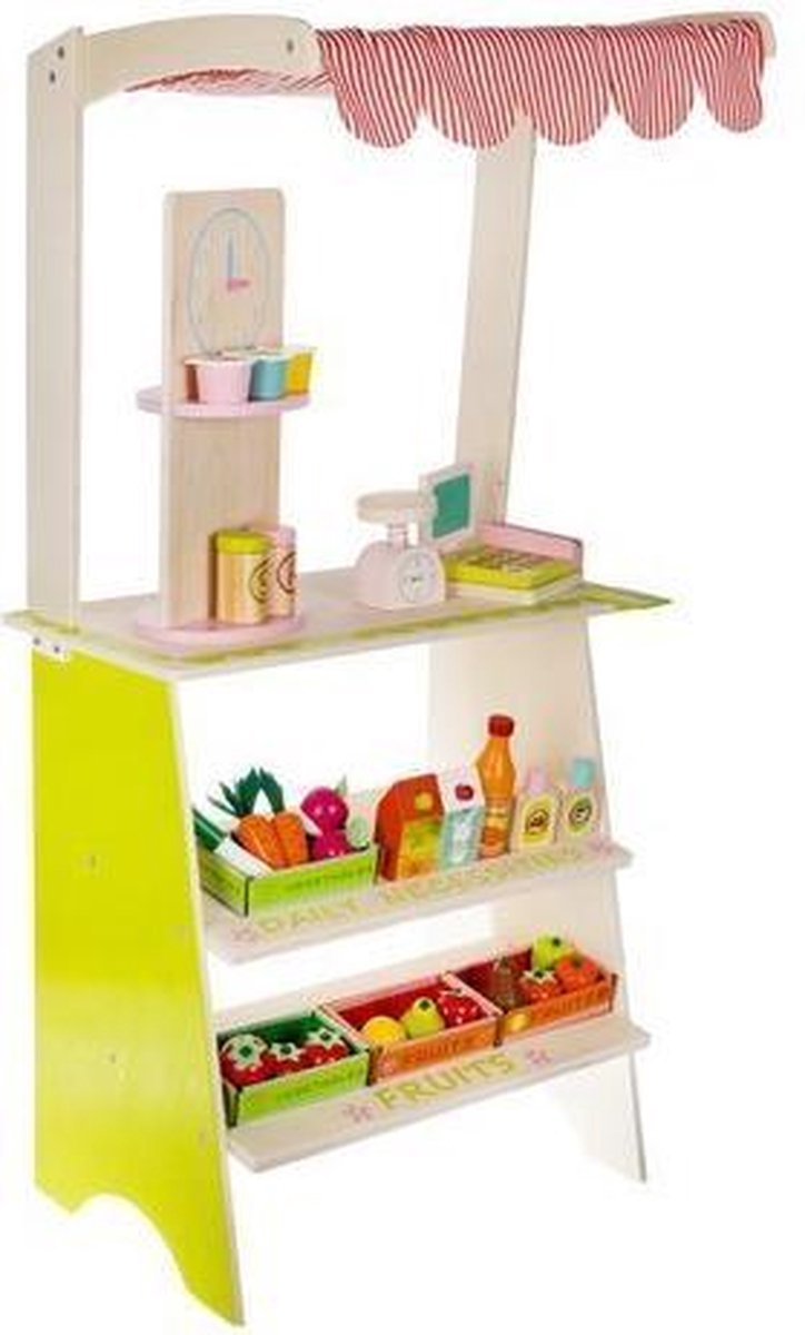 Houten Speelgoed Winkeltje met Groente - Fruit - Flesjes - Weegschaal en meer