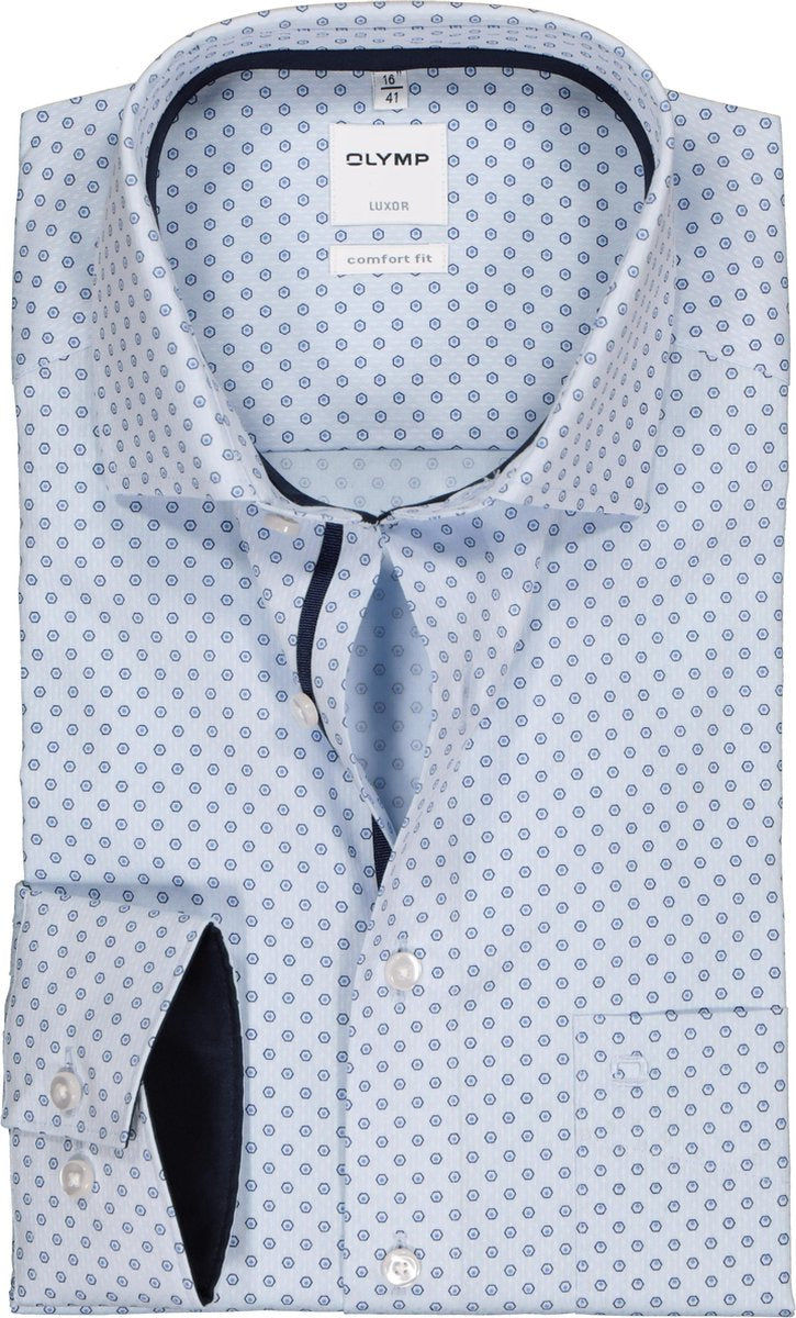OLYMP Luxor comfort fit overhemd - licht- met donkerblauw dessin structuur (contrast) - Strijkvrij - Boordmaat: 48