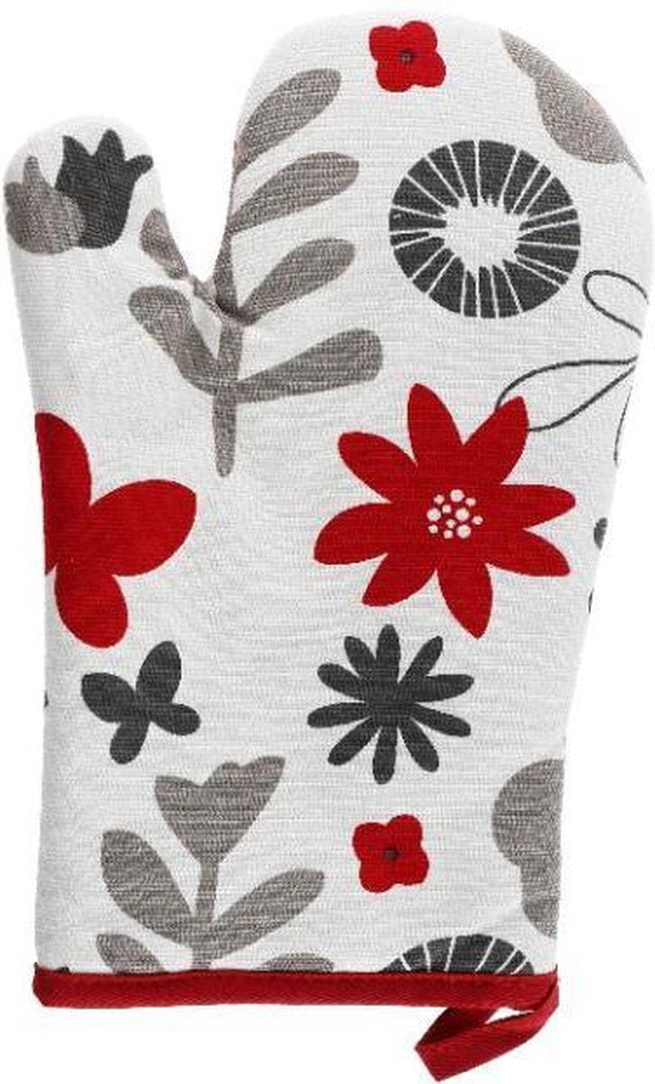 Ovenwant met bloemen - 18x28 cm - met lus - Wit met rood