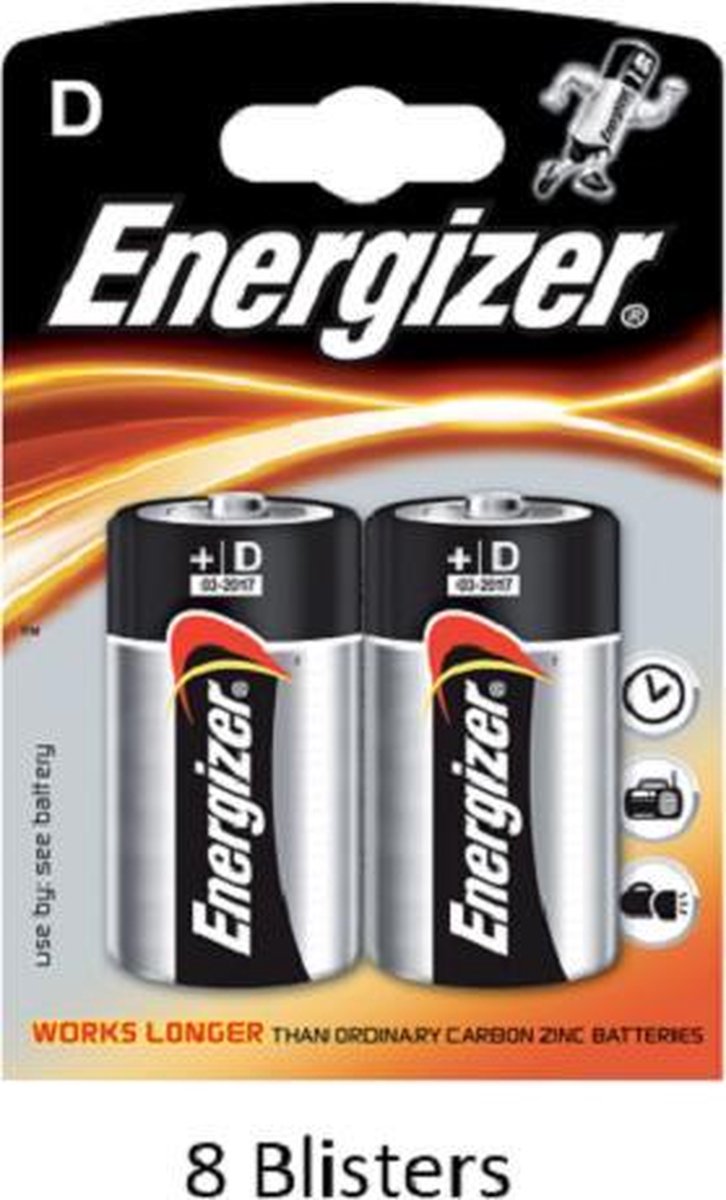 16 stuks (8 blisters a 2 stuks) Energizer Alkaline Power D batterij 1.5V