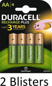 8 Stuks (2 Blisters a 4 st) Duracell AA Oplaadbare Batterijen