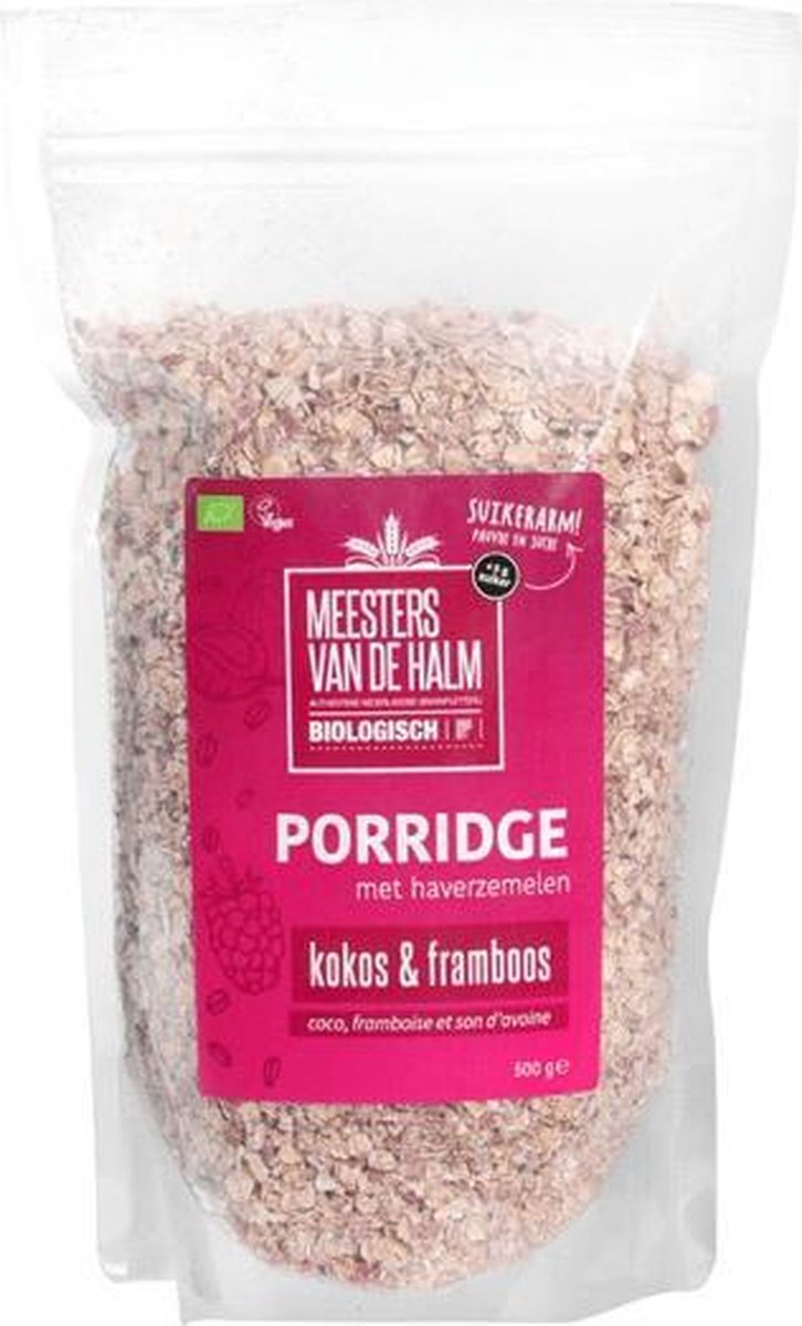 Havermout kokos & framboos Meesters van de Halm - Zak 500 gram - Biologisch