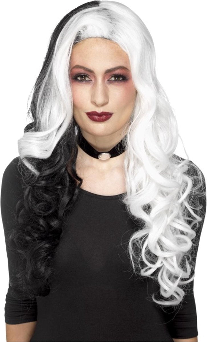 Zwart witte Cruella pruik dames - Verkleedpruik