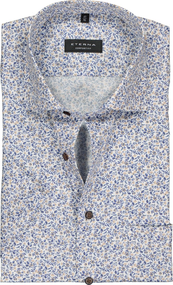Eterna Comfort Fit overhemd - korte mouw - beige - blauw en wit dessin - Strijkvrij - Boordmaat: 50