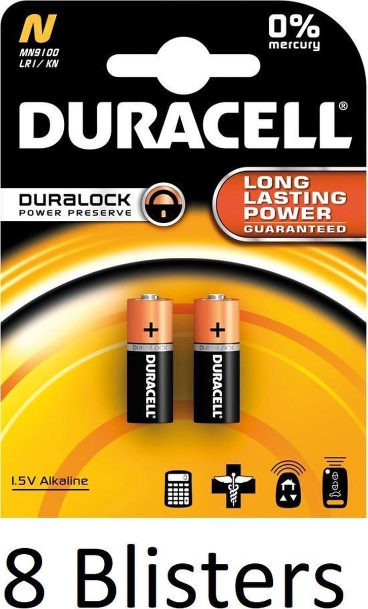 16 Stuks (8 Blisters a 2 st) Duracell Batterij N/Mn9100 1.5V