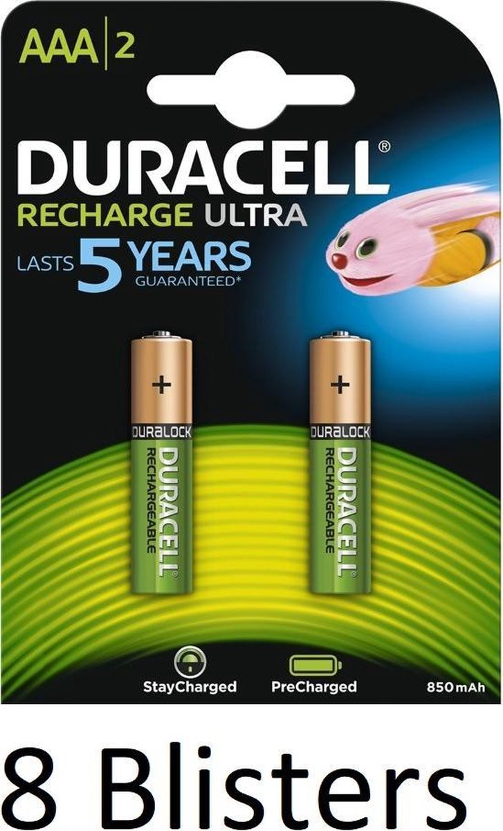 16 Stuks (8 Blisters a 2 st) Duracell AAA Oplaadbare Batterijen - 850 mAh