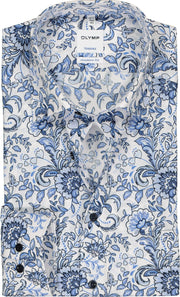 OLYMP Tendenz modern fit overhemd - wit met blauw dessin - Strijkvriendelijk - Boordmaat: 38