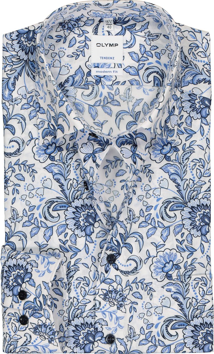 OLYMP Tendenz modern fit overhemd - wit met blauw dessin - Strijkvriendelijk - Boordmaat: 38