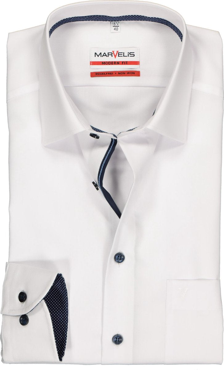 MARVELIS Modern Fit overhemd - wit structuur (blauw gestipt contrast) - Strijkvrij - Boordmaat: 38