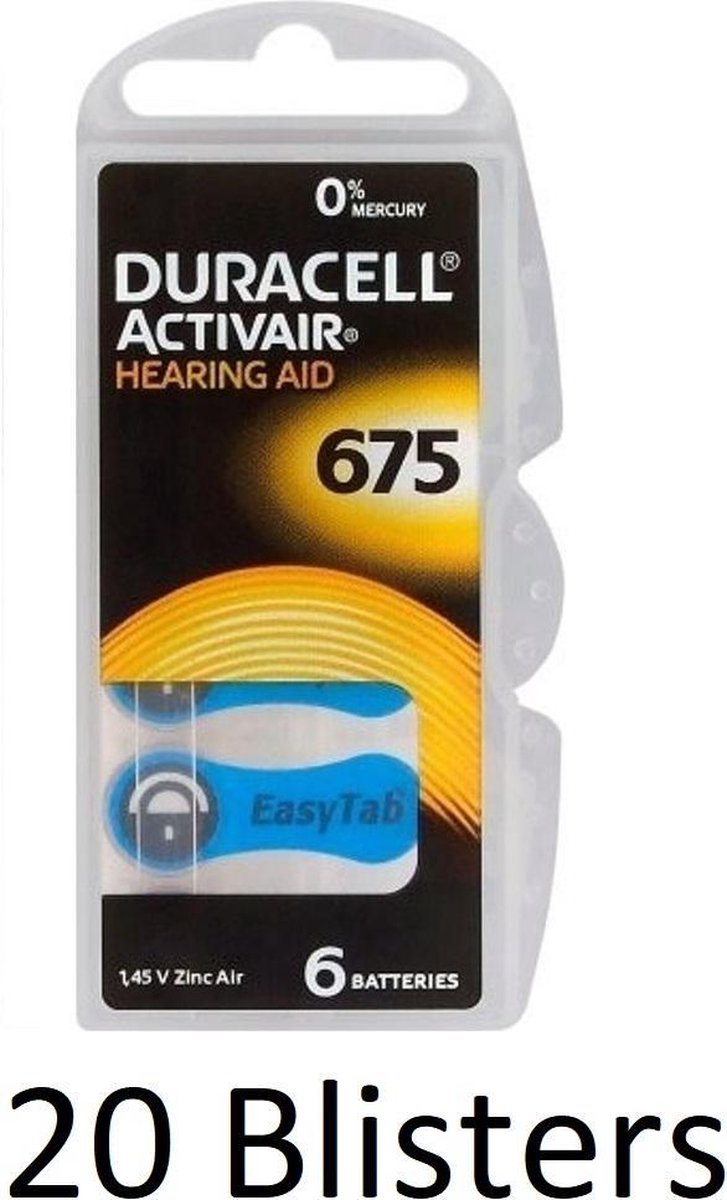 120 stuks (20 blisters a 6 st) Duracell DA675 hoorapparaat batterij - Blauw