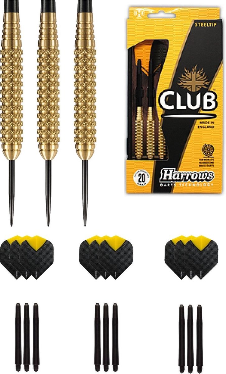 Harrows - Club Brass 100% Knurled  Brass darts met 9 - dartshafts - en 9 - dartflights - 20 gram - dartpijlen
