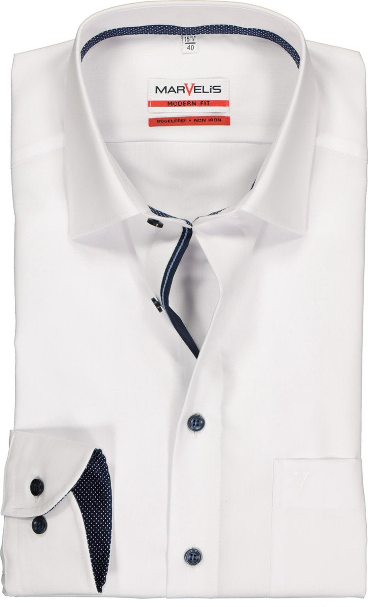 MARVELIS Modern Fit overhemd - wit structuur (blauw gestipt contrast) - Strijkvrij - Boordmaat: 40