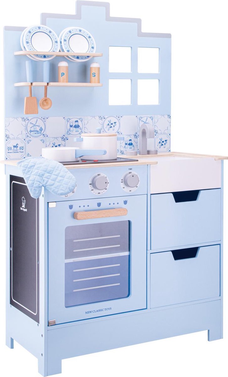 New Classic Toys Houten Speelkeuken Delfts Blauw - Maakt Geluid