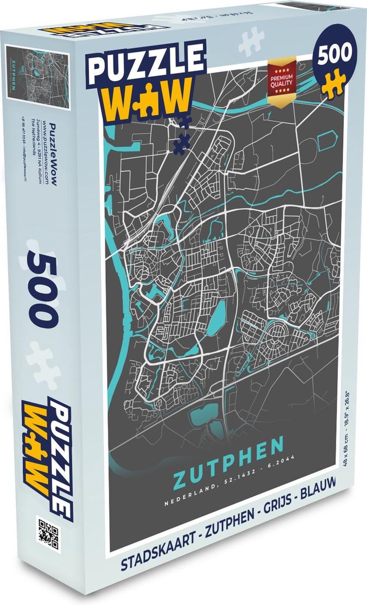 Puzzel Stadskaart - Zutphen - Grijs - Blauw - Legpuzzel - Puzzel 500 stukjes