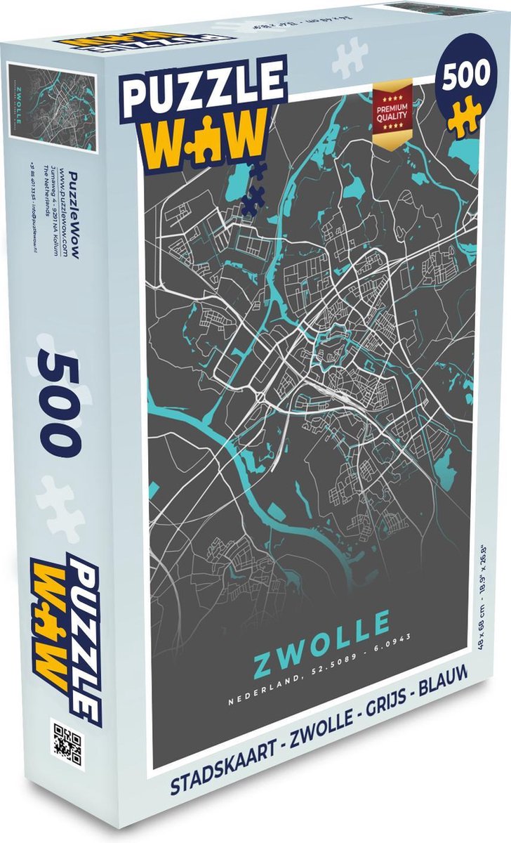 Puzzel Stadskaart - Zwolle - Grijs - Blauw - Legpuzzel - Puzzel 500 stukjes