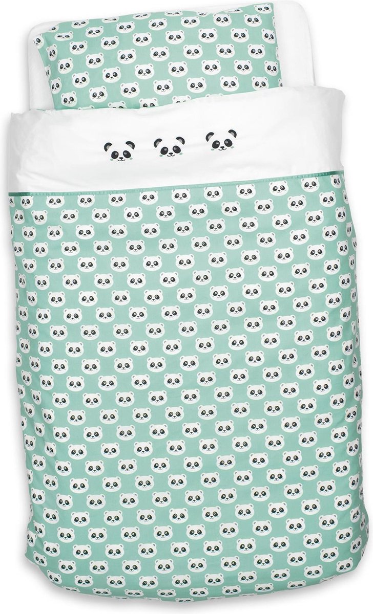 DEKBED OVERTREK (100X135 cm) + SLOOP (40X60 cm) PANDA DREAMS | GROEN