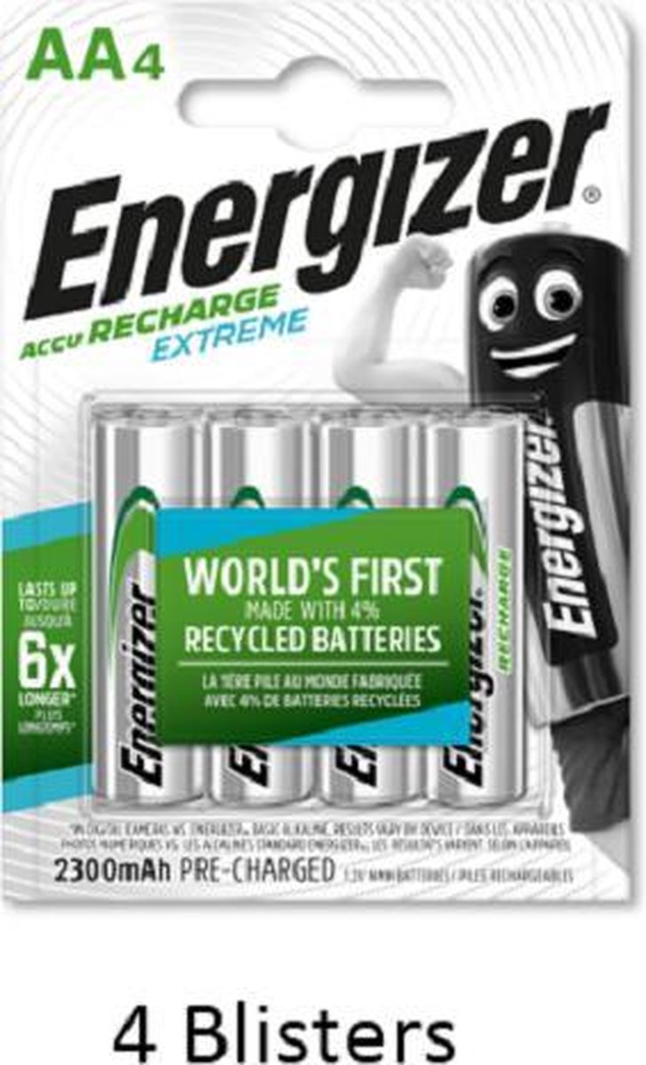 16 stuks (4 blisters a 4 stuks) Energizer Rechargeable AA 2300 mah Extreme Oplaadbaar