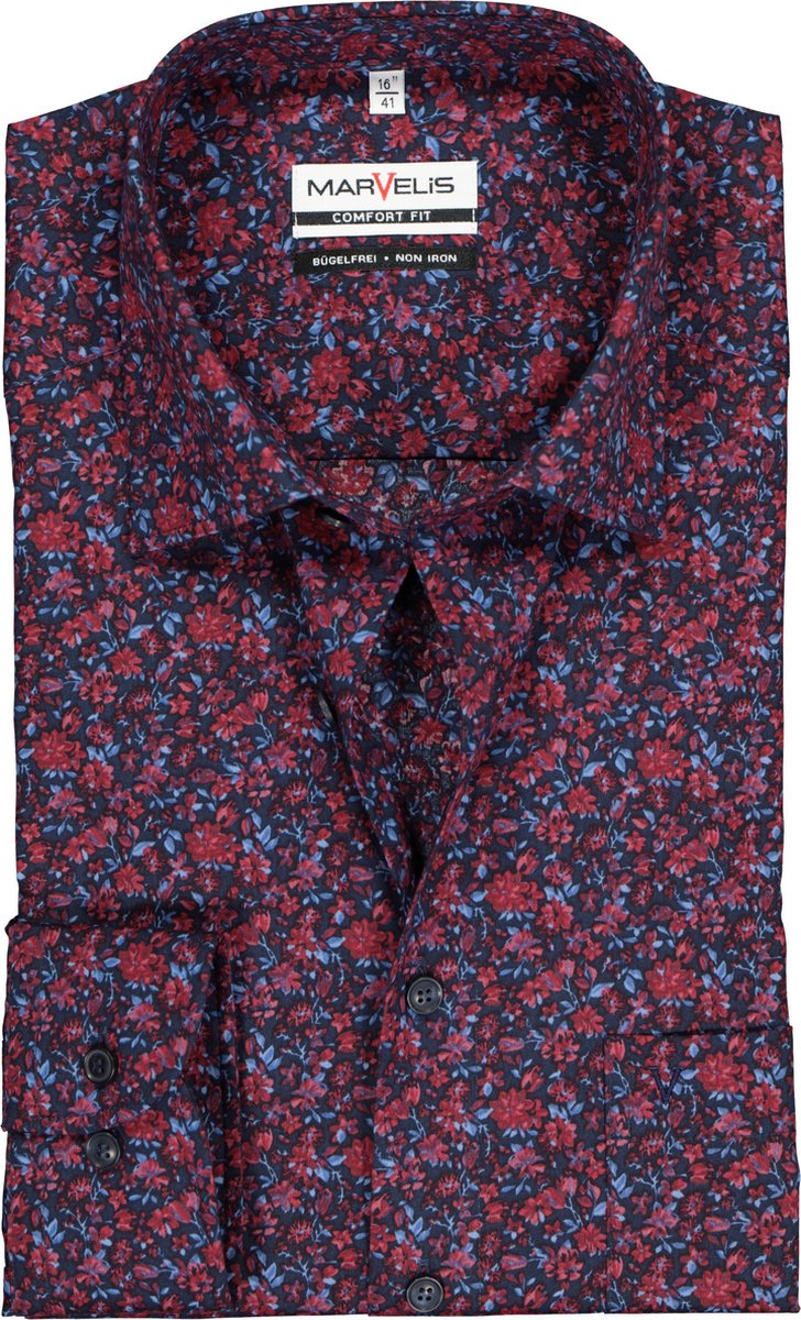 MARVELIS comfort fit overhemd - blauw met roze-rood gebloemd - Strijkvrij - Boordmaat: 48