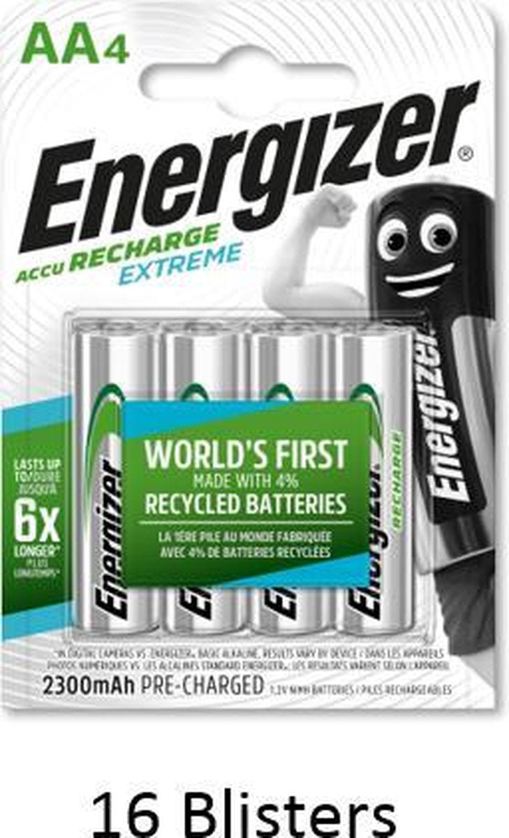 64 stuks (16 blisters a 4 stuks)Energizer Rechargeable AA 2300 mah Extreme Oplaadbaar