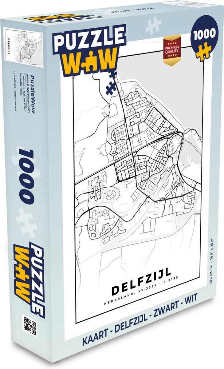 Puzzel Kaart - Delfzijl - Zwart - Wit  - Legpuzzel - Puzzel 1000 stukjes volwassenen
