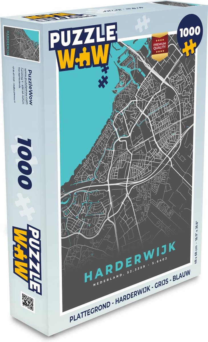 Puzzel Plattegrond - Harderwijk - Grijs - Blauw - Legpuzzel - Puzzel 1000 stukjes volwassenen