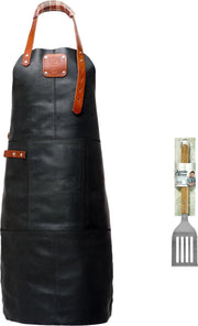Sorprese Premium – bbq schort – zwart-cognac ruit – bbq schort mannen – 100% premium leder – inclusief jamie oliver bbq spatel - bbq schort leer man