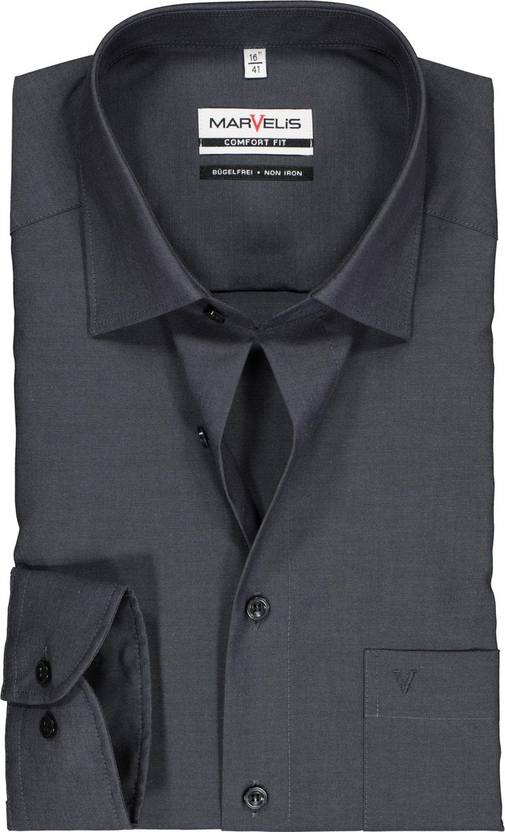 MARVELIS Comfort Fit overhemd - antraciet - Strijkvrij - Boordmaat: 40