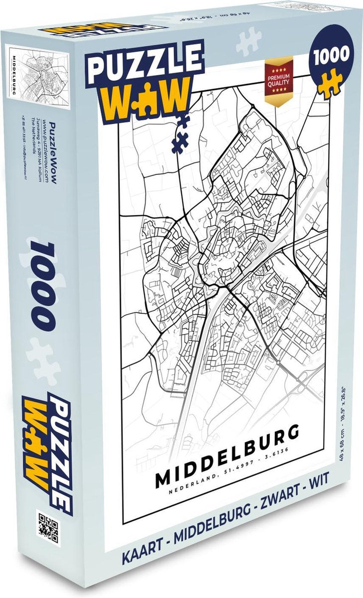 Puzzel Kaart - Middelburg - Zwart - Wit  - Legpuzzel - Puzzel 1000 stukjes volwassenen