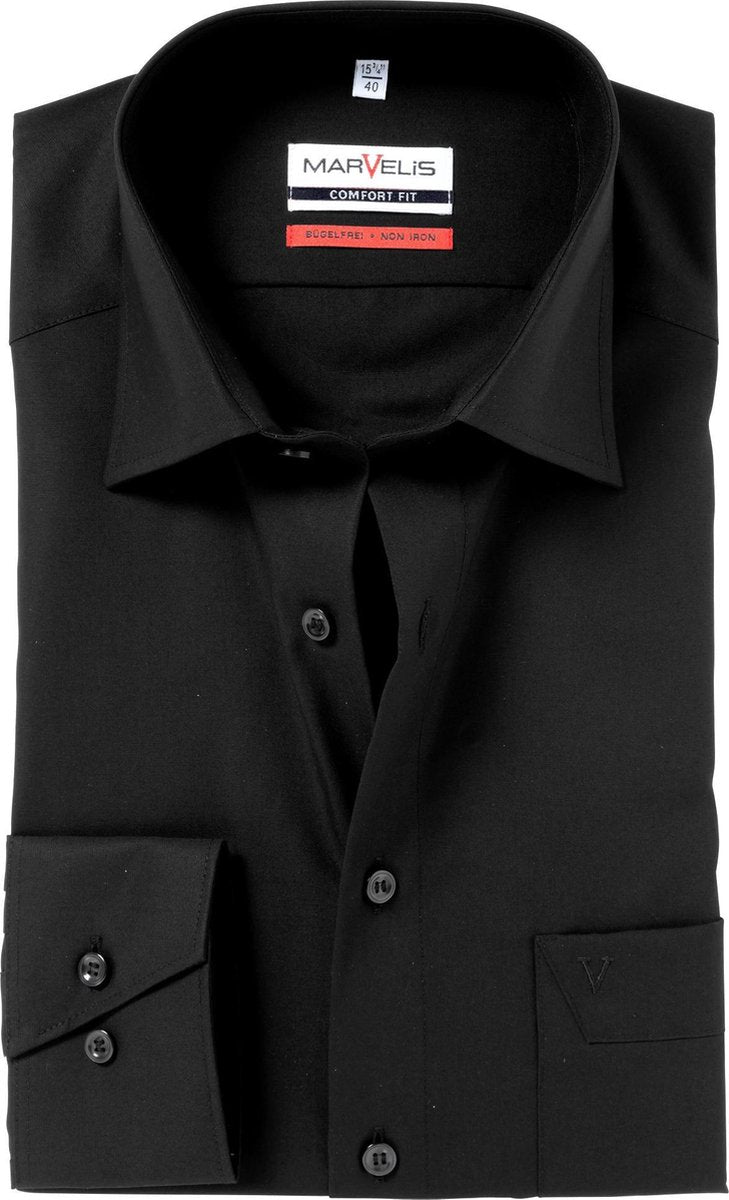 MARVELIS Comfort Fit overhemd - zwart - Strijkvrij - Boordmaat: 50