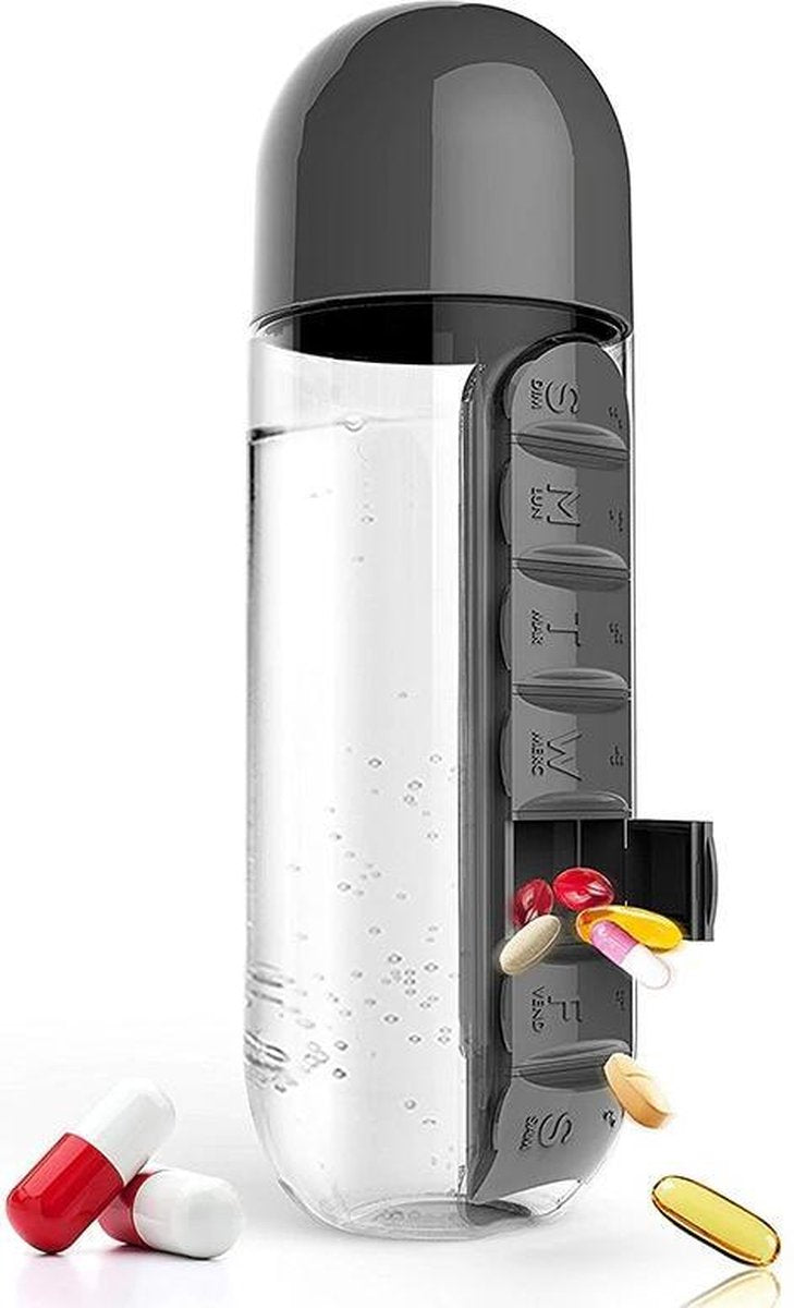 ✿Brenlux Drinkbus fitness - Drinkfles met pillenhouder - Drinkbidon - Vitaminen houder drinkbus - Drinkbus school met pillenopberger - drinkfles met opberger vitaminen - Drinkfles met medicijnhouder