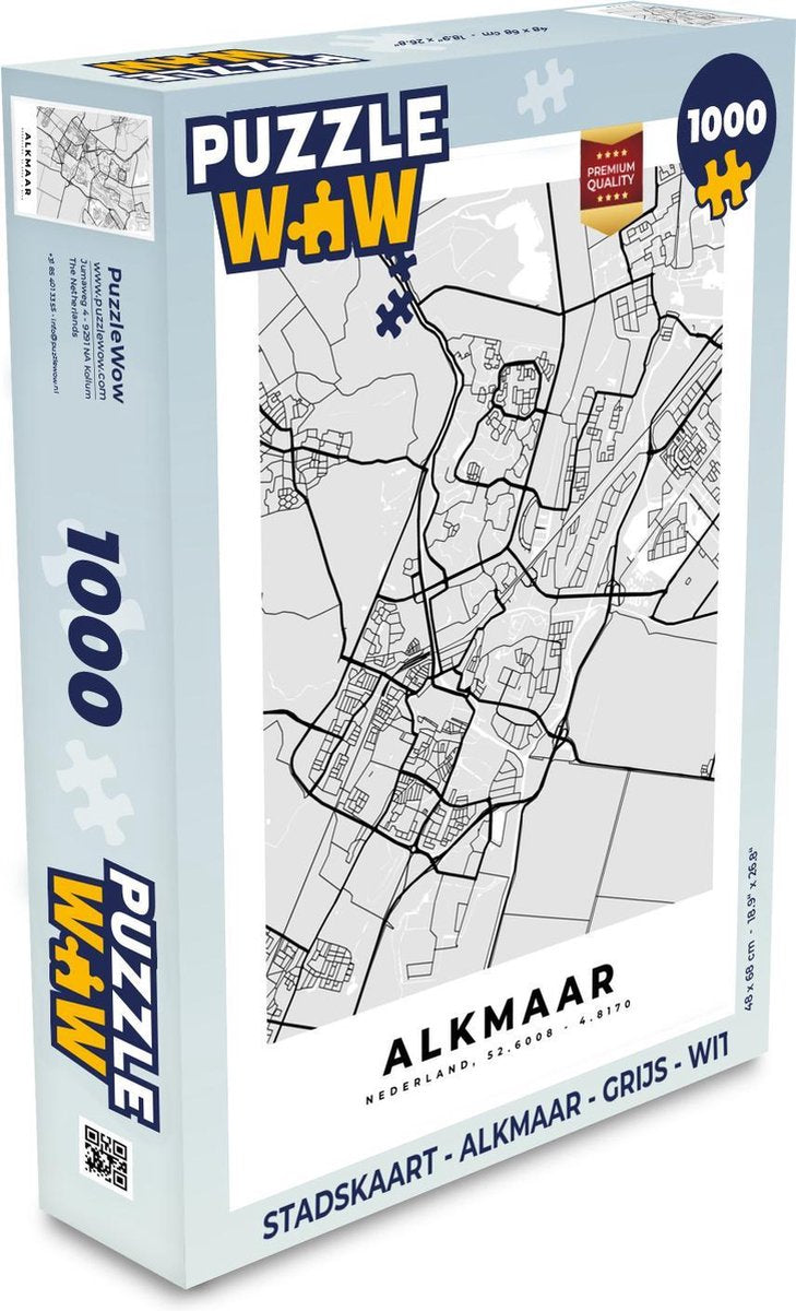Puzzel Stadskaart - Alkmaar - Grijs - Wit - Legpuzzel - Puzzel 1000 stukjes volwassenen