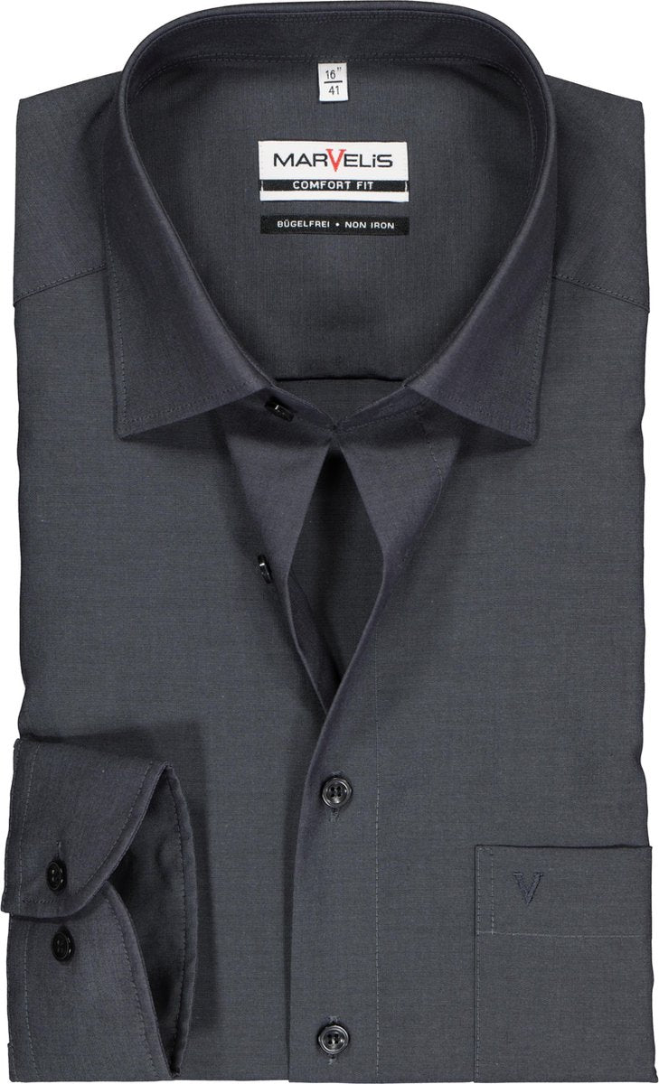 MARVELIS Comfort Fit overhemd - antraciet - Strijkvrij - Boordmaat: 44