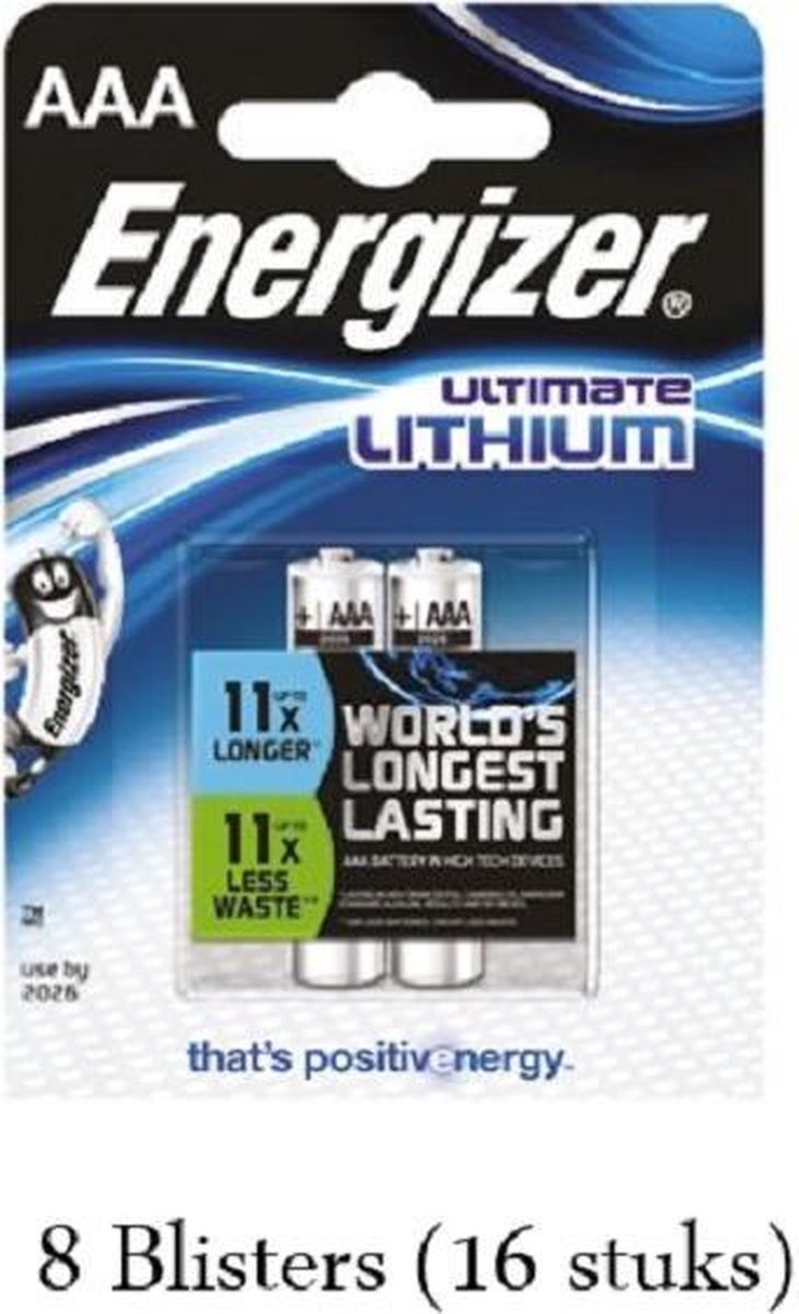 16 stuks (8 blisters a 2 stuks) Energizer AAA Ultimate Lithium 1.5V Micro LR03/FR3