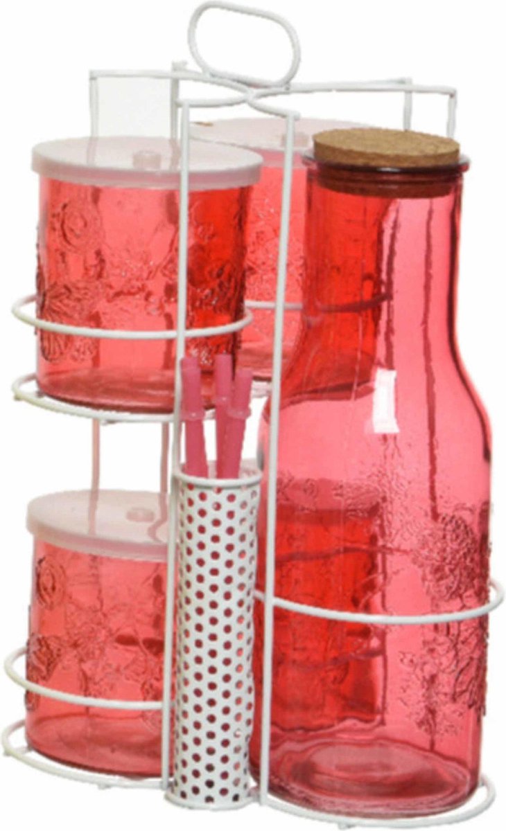 Rode kan 1 liter met 4 drinkglazen met deksel en rietje - Schenkkan - Mason Jars