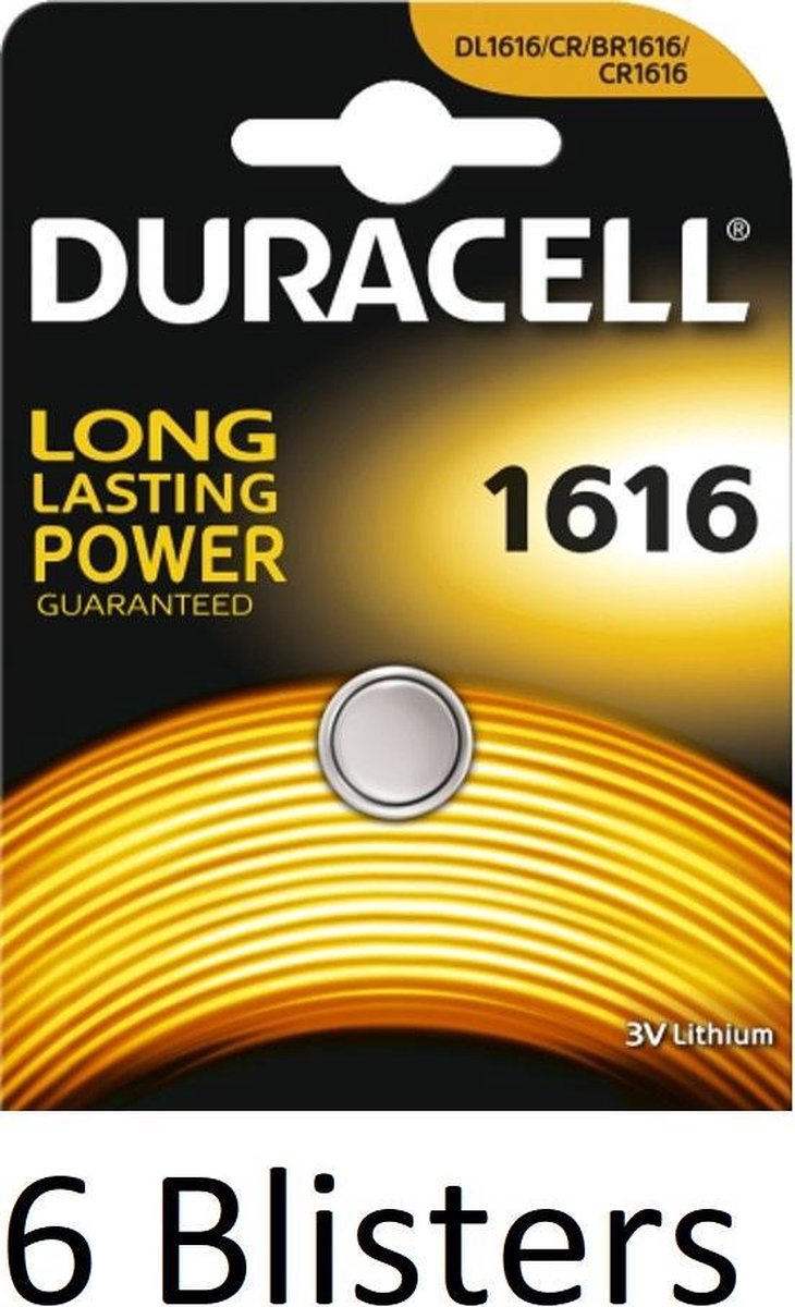 6 Stuks (6 Blisters a 1 st) Duracell Knoopcel Batterij 1616 Lithium