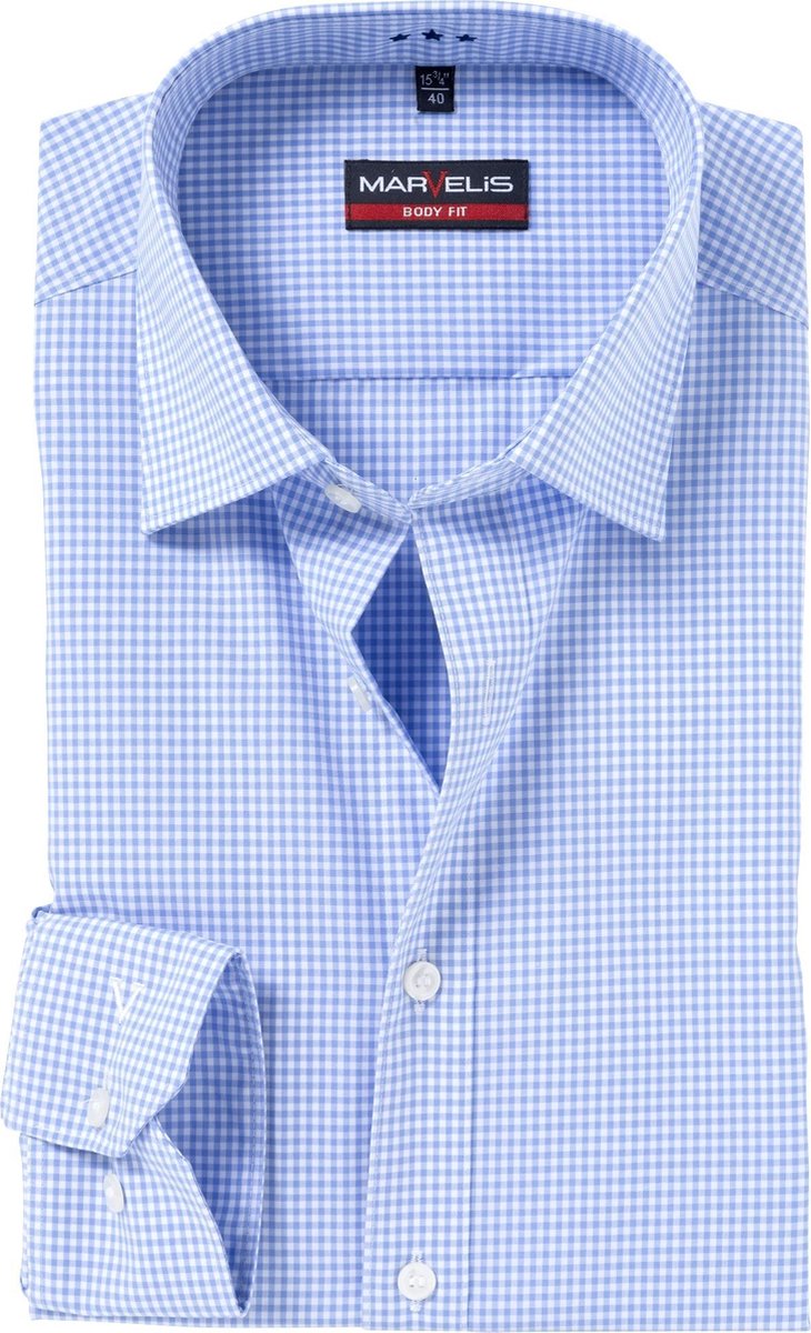 MARVELIS Body Fit overhemd - blauw / wit geruit - Strijkvriendelijk - Boordmaat: 38