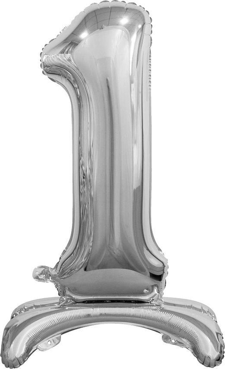 Folie ballon cijfer 1 zilver - met standaard - 76 cm