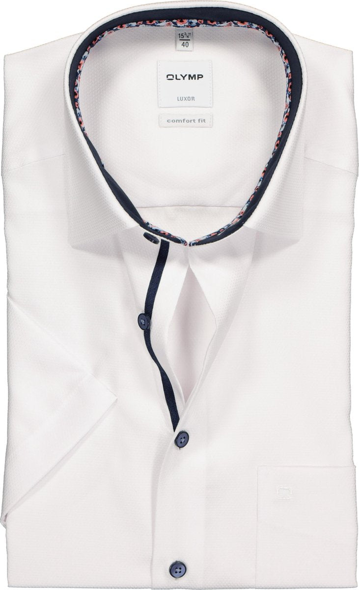 OLYMP Luxor comfort fit overhemd - korte mouw - wit structuur (contrast) - Strijkvrij - Boordmaat: 50