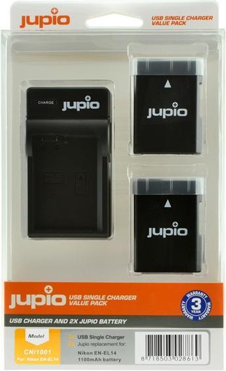 Jupio Kit: 2x Battery EN-EL14/EN-EL14A (D5600) 1100mAh + USB Single Charger