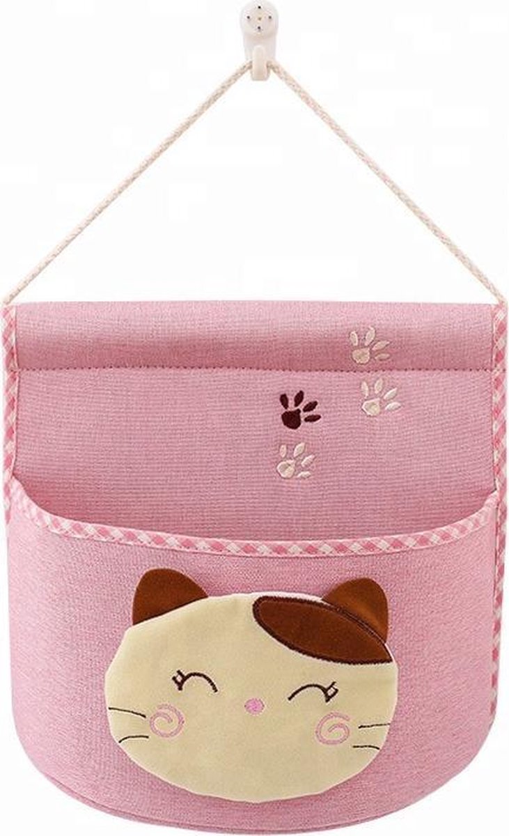 Commodemandje - Opberger voor kinderen | Opberg net | opslagzak | Muurzak | wandzak | deurzak | Wall Organizer | Poes - Roze | Opbergzak - organiser voor aan de muur | Katoen | Kinderkamer Muurdecoratie | 24 x 24 cm