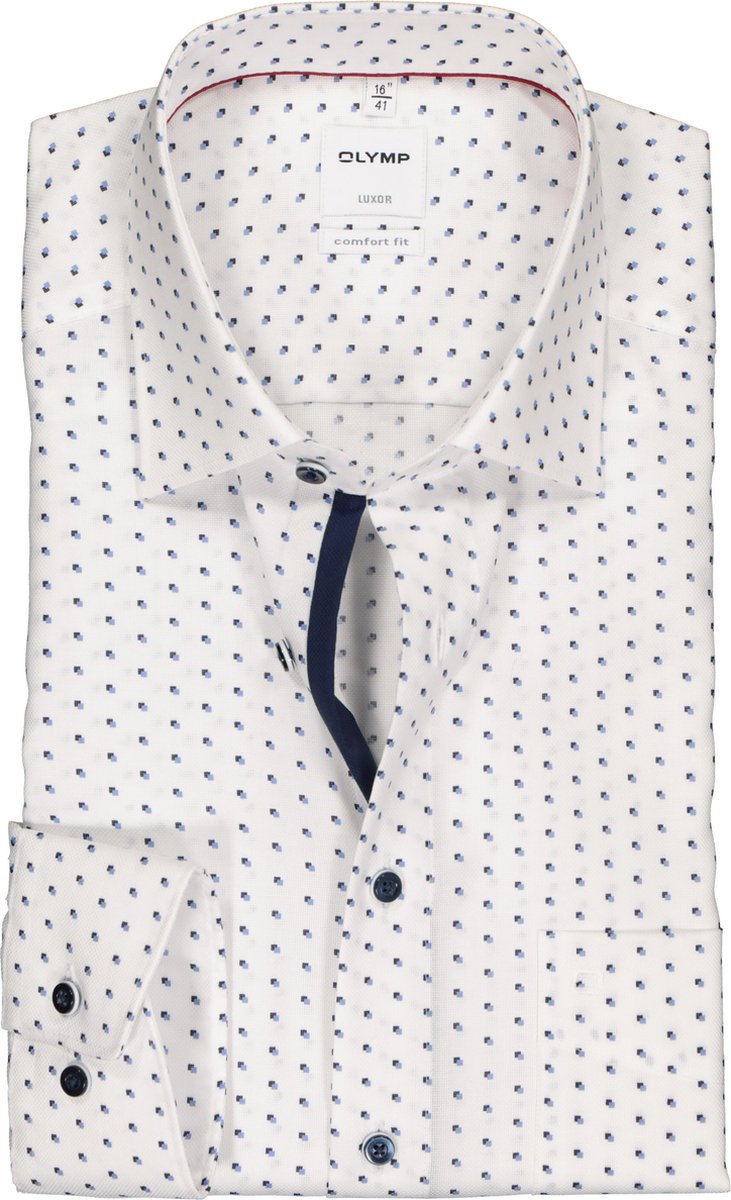 OLYMP Luxor comfort fit overhemd - wit met blauw dessin structuur (contrast) - Strijkvrij - Boordmaat: 47