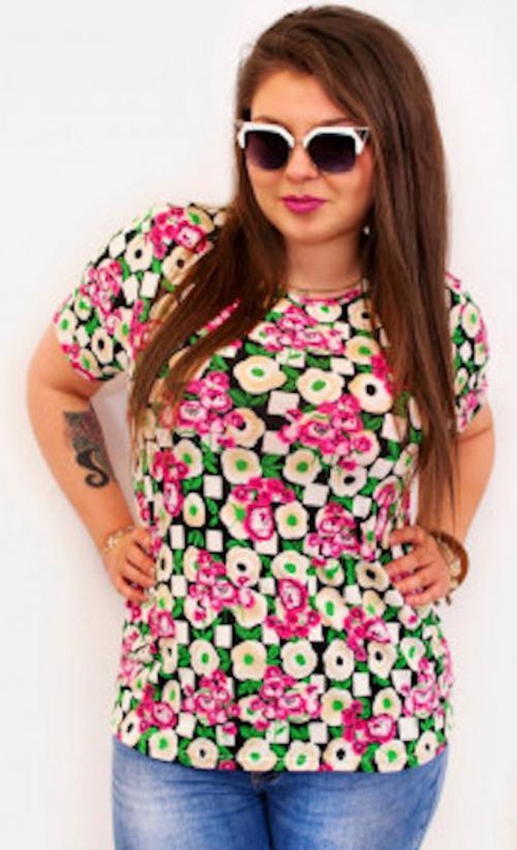 Damesblouse - korte mouwen - zomer - bloemmotief - Maat 2XL
